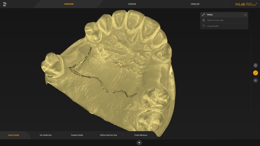 軟體介面顯示出黃色的 3D 數位牙齒模型，模型表面帶有清晰的手繪標記線條。